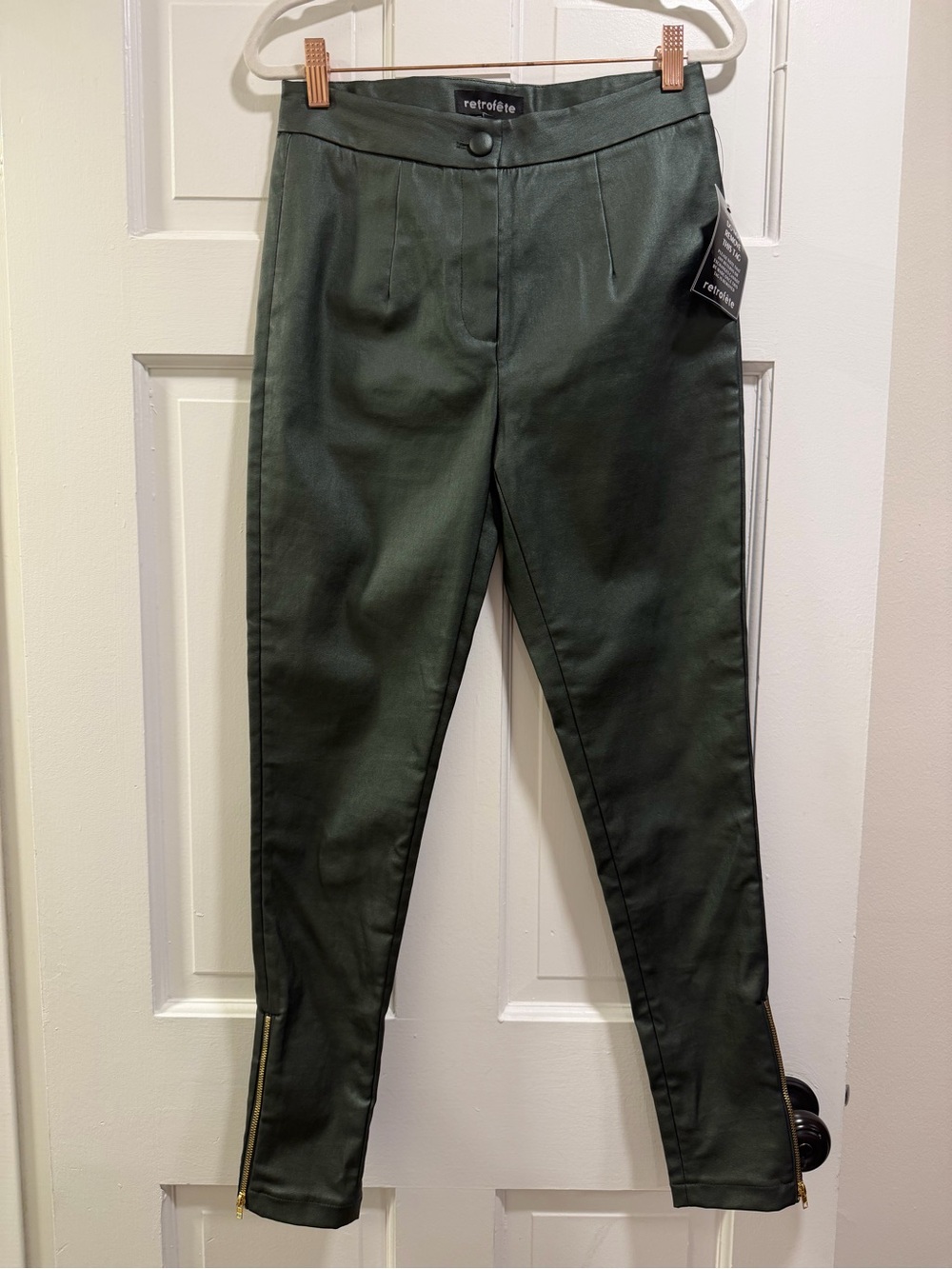 NWT Retrofete Lara Dark Green High Rise Coated Skinny Jeans with Ankle Zips